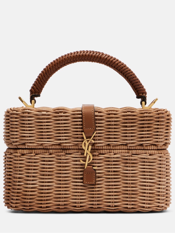 Saint Laurent Wicker Satchel With Gold Ysl Hardware In Brown